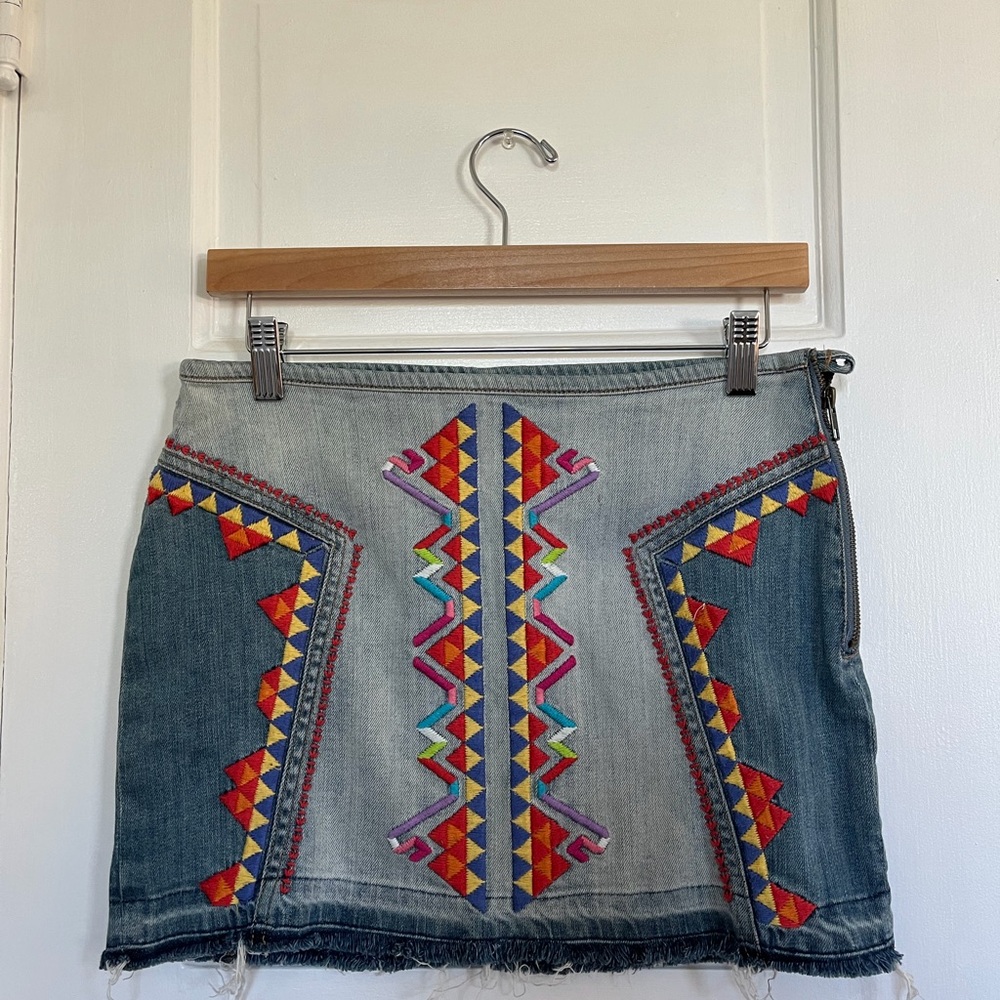Embroidered Free People Denim Skirt with Multicolor Patterns